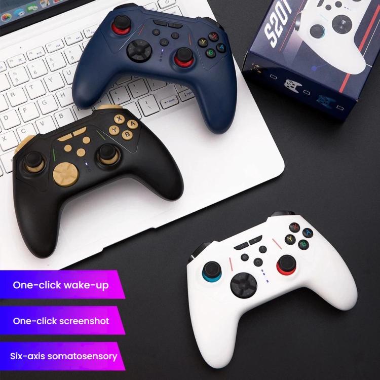 Two wireless game controllers, one white and one dark, with colored action buttons