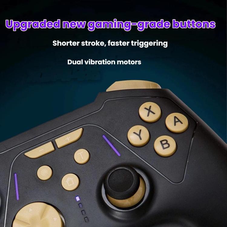 Close-up of black wireless game controller with ABXY buttons and gold thumbstick caps