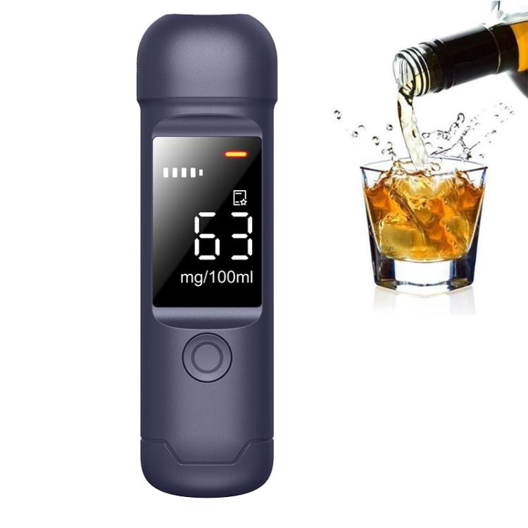 Portable breath alcohol tester, dark blue body with digital mg/100ml display