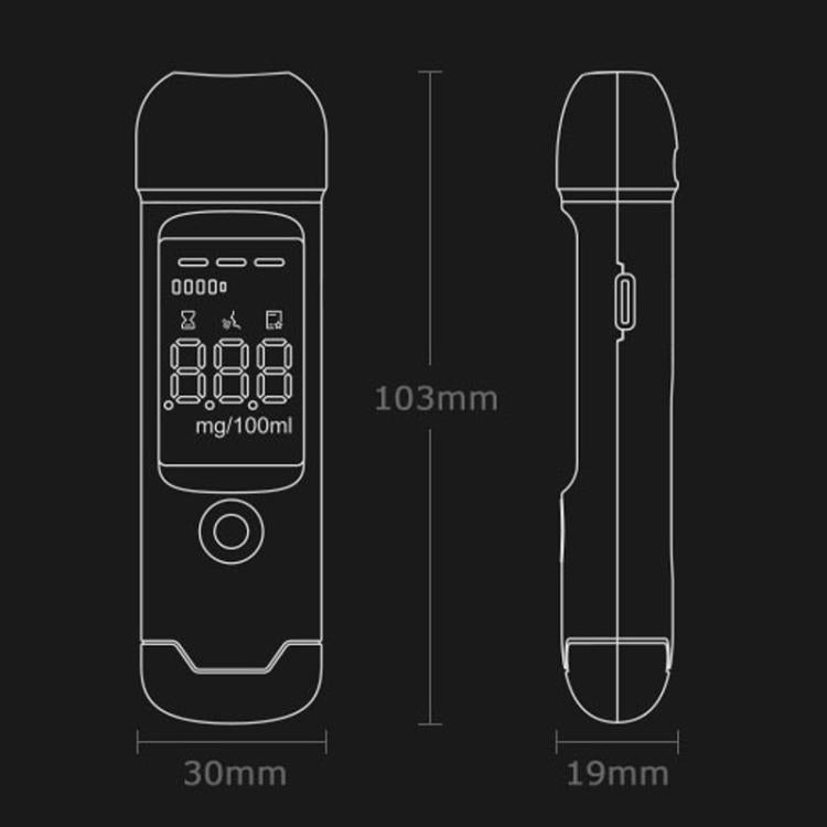 Line drawing of handheld breath alcohol tester, front and side with dimensions