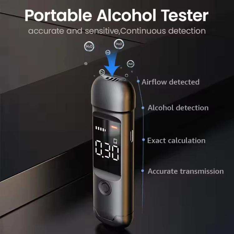 Portable breath alcohol tester with airflow detection illustration and lit mg/100ml display