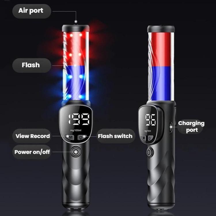 Handheld alcohol tester showing LCD display, flash controls, and charging port
