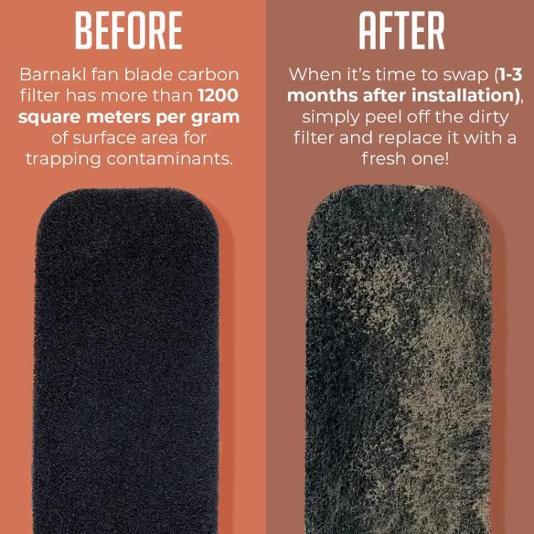 Activated carbon air filter pad, black with visible gray dust on the surface