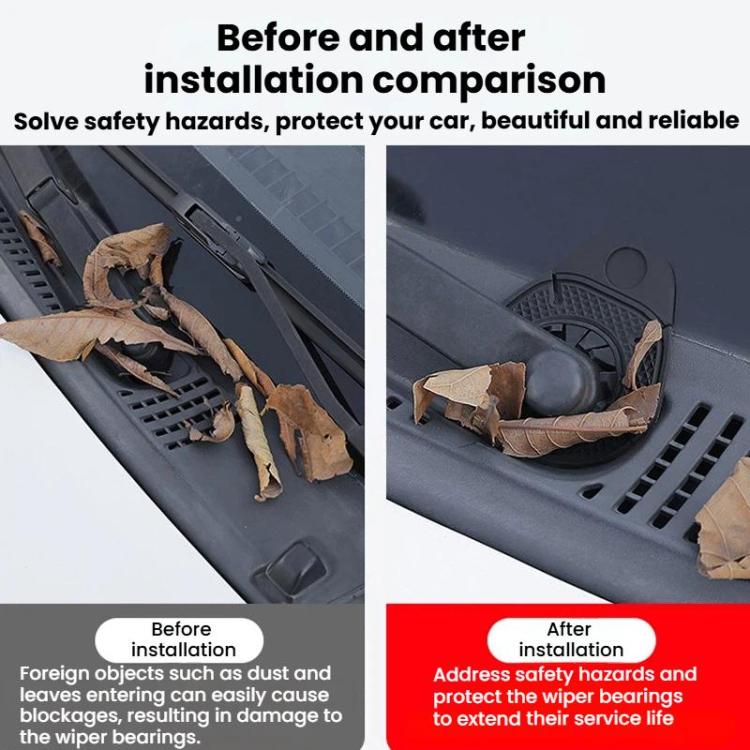 Black wiper hole protective covers, before-and-after installation on car grille