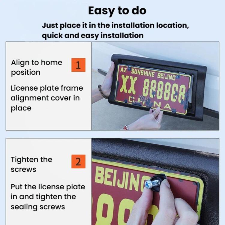 Black US license plate frame holder being aligned and placed for quick installation