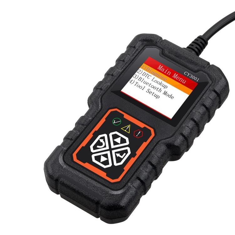 Handheld OBDII scanner showing menu on color screen and control icon panel
