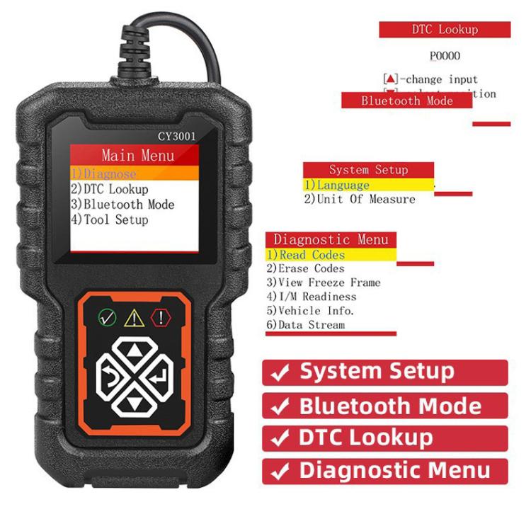 Handheld OBDII scanner with color display and illuminated diagnostic menu interface
