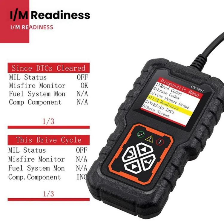OBDII scanner with color screen displaying readiness status on diagnostic pages
