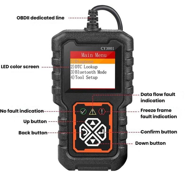 Handheld OBDII scanner front with labeled buttons and color menu on display