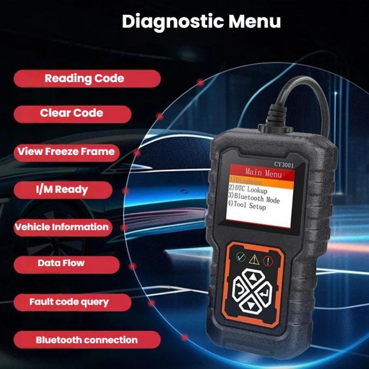 Handheld OBDII diagnostic scanner with color menu screen and orange control keypad