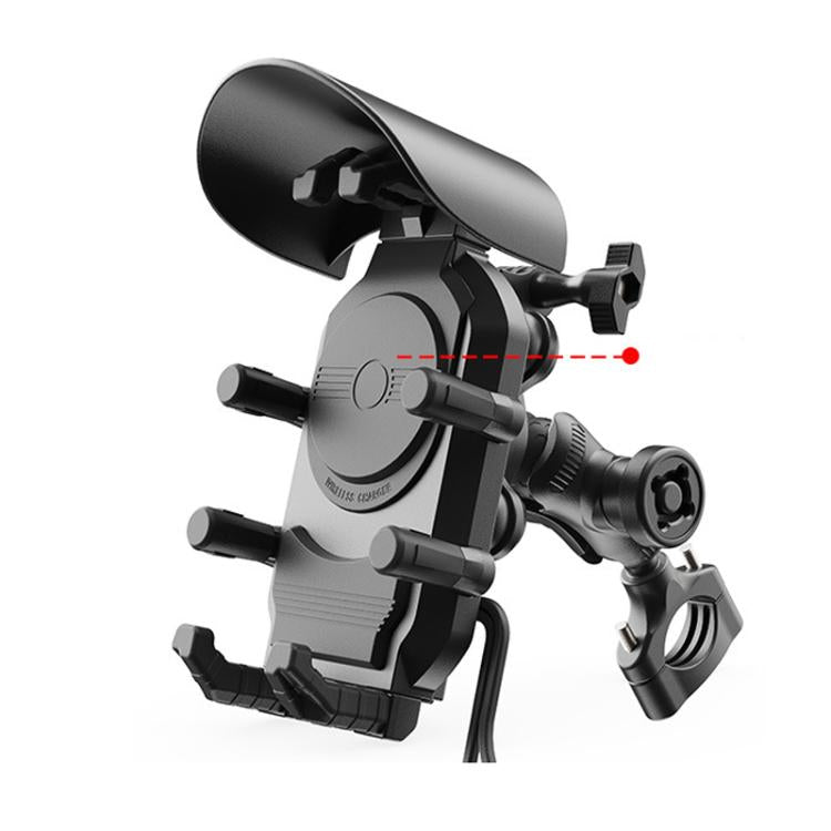 Black motorcycle phone holder with sun visor, clamp mount, and charging phone cradle