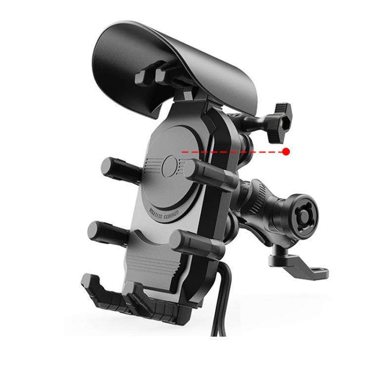 Black motorcycle phone holder with sun visor and phone cradle on handlebar mount