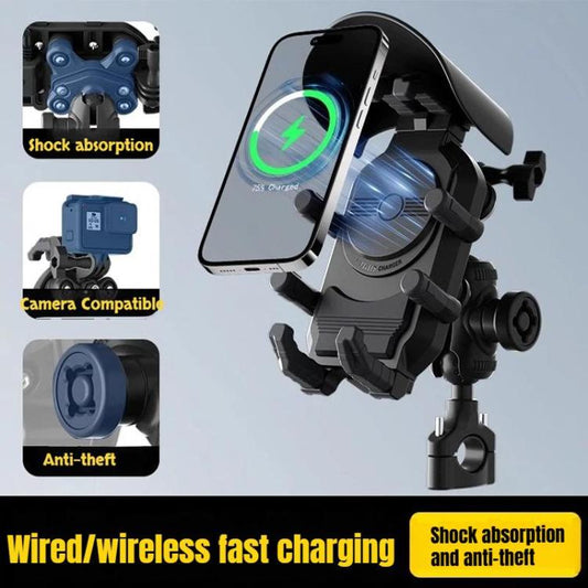 Wireless Charging Motorcycle Phone Holder with Sun Visor & Anti-Theft Lock 360-degree Rotation, Camera Compatible, Handbar Version, Mirror Version