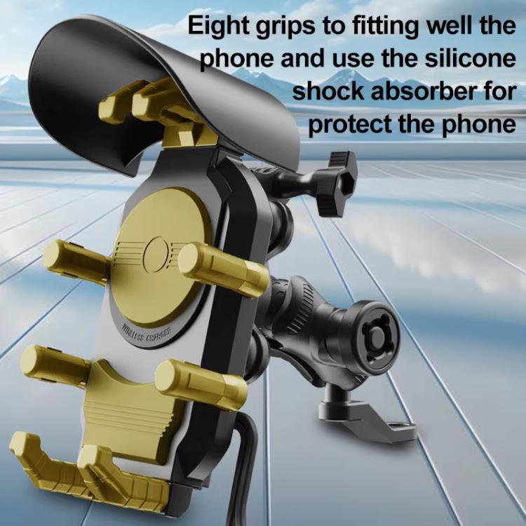 Motorcycle phone holder with sun visor, springy shock-absorbing cradle, and grip arms