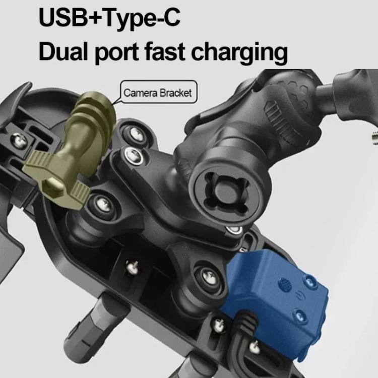Motorcycle phone holder with wireless charging cradle and dual USB and Type-C ports