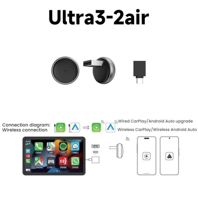 Ultra3 2Air wireless adapter kit: black puck module, cable, and connection diagram