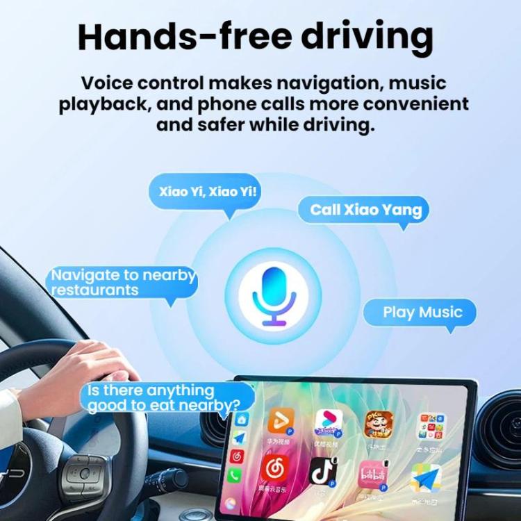 Hands-free driving with Wireless CarPlay/Android Auto adapter shown on dashboard screen