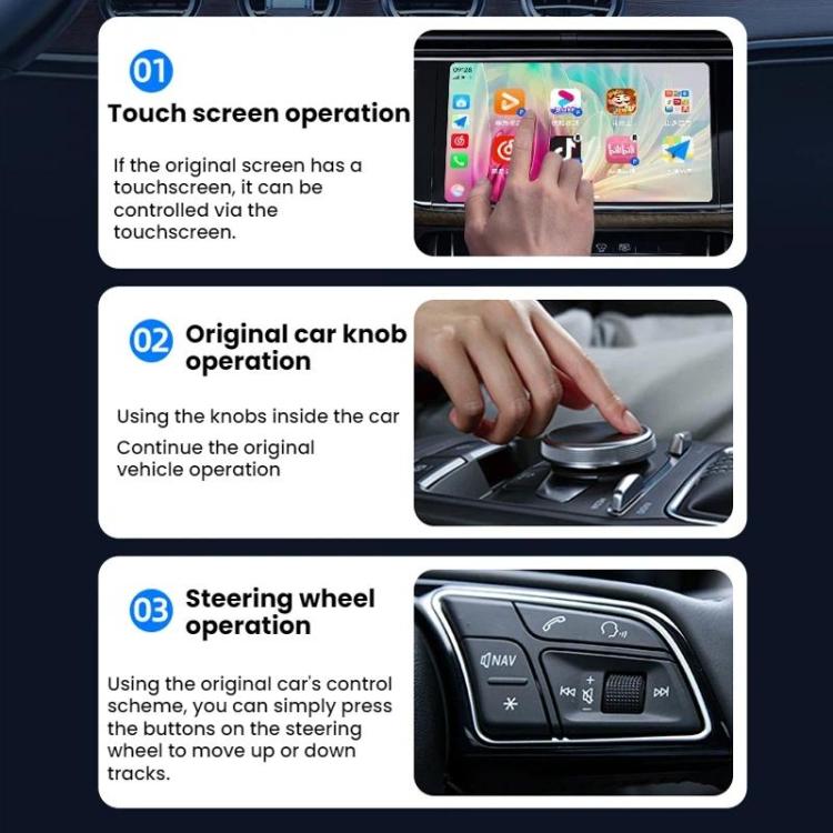 Wireless CarPlay/Android Auto adapter control diagram: touchscreen, knob, steering wheel
