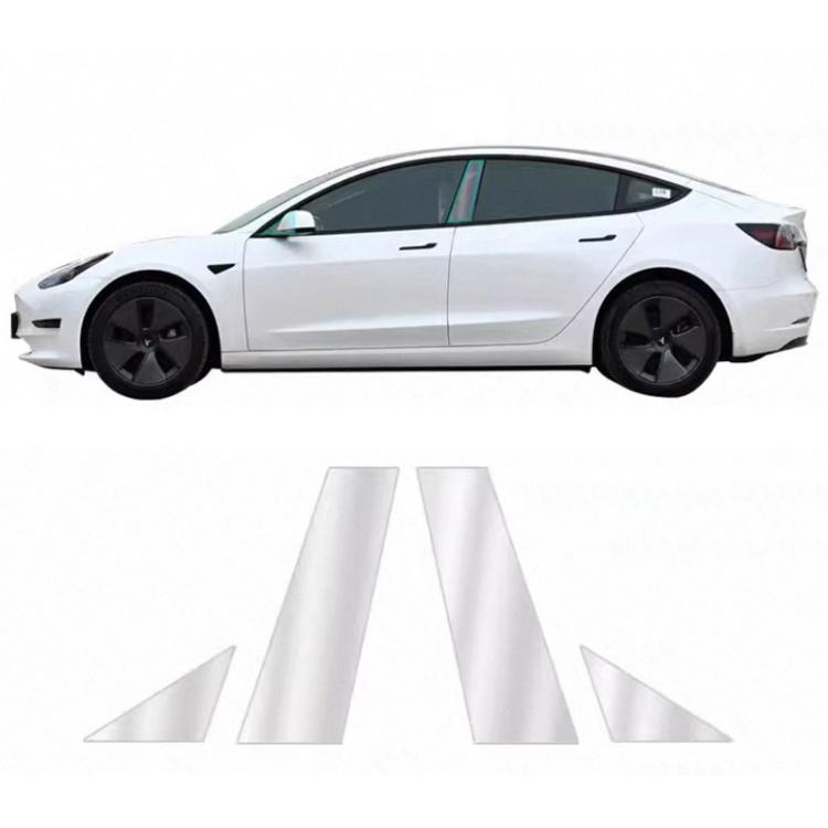 Car B-pillar protective film, clear pre-cut pieces shown on white car door pillar