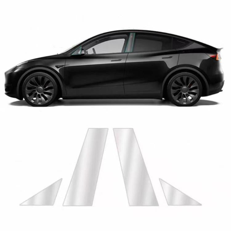 Car B-pillar protective film, clear pre-cut pieces shown on dark car door pillar