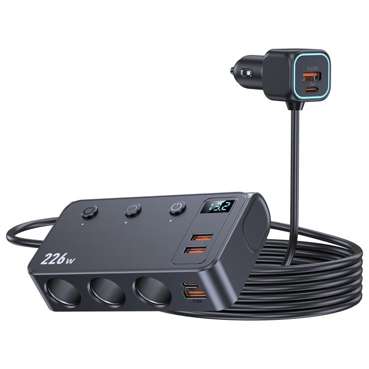 3-in-1 car charger with digital display, three lighter sockets, and dual USB ports
