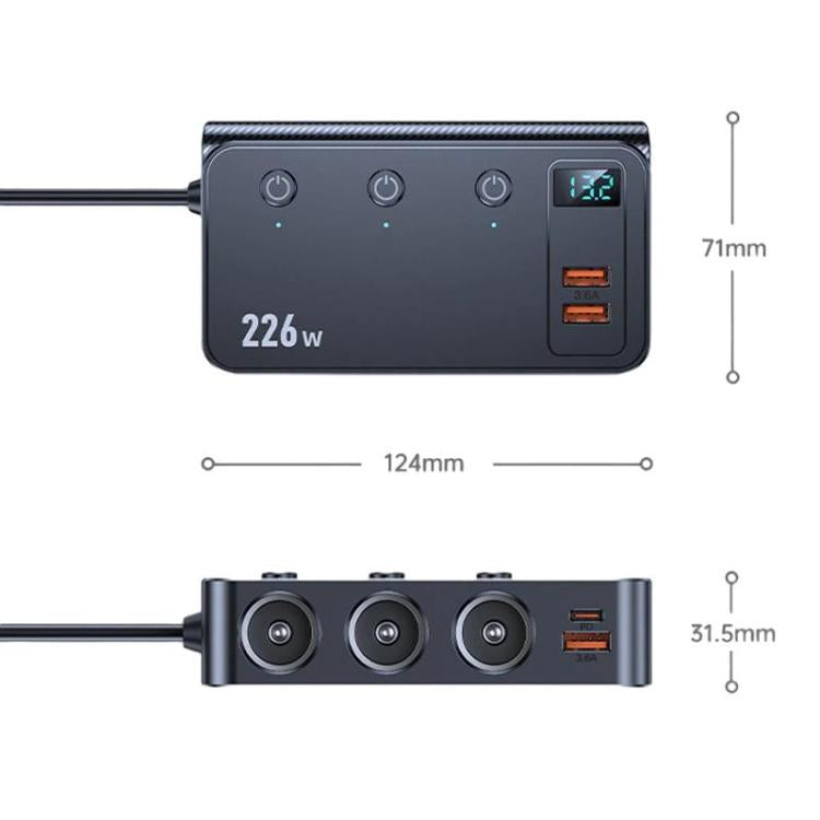 Black 226W 3-in-1 car charger with digital display and three charging indicators