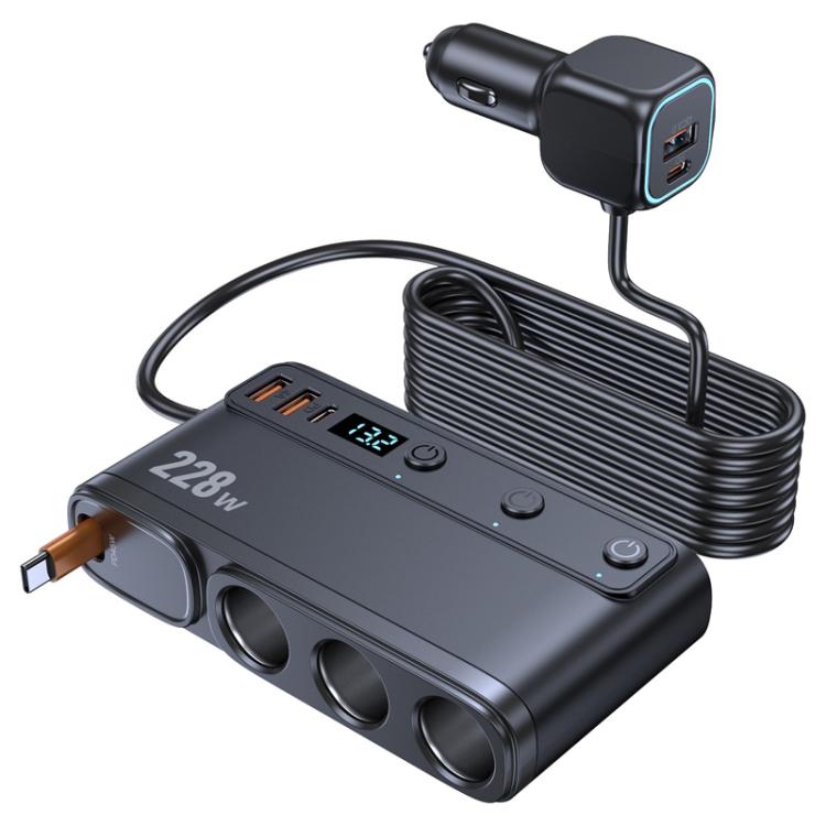 Black 3-port retractable car cigarette lighter charger with USB and voltage display