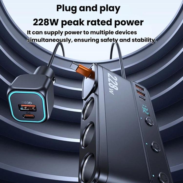 Car cigarette lighter charger splitter with USB ports and blue LED display, 228W