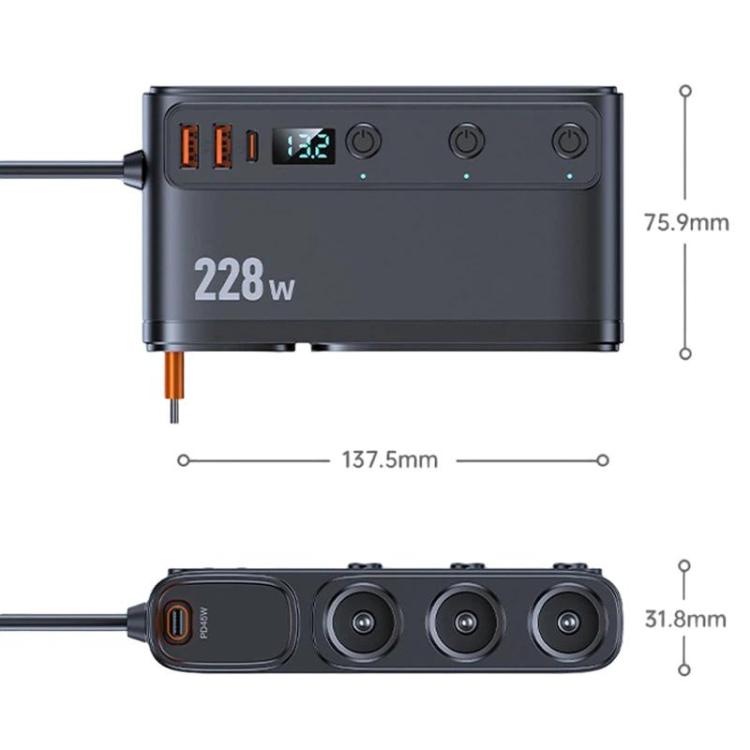Car cigarette lighter charger with front and side dimension measurements