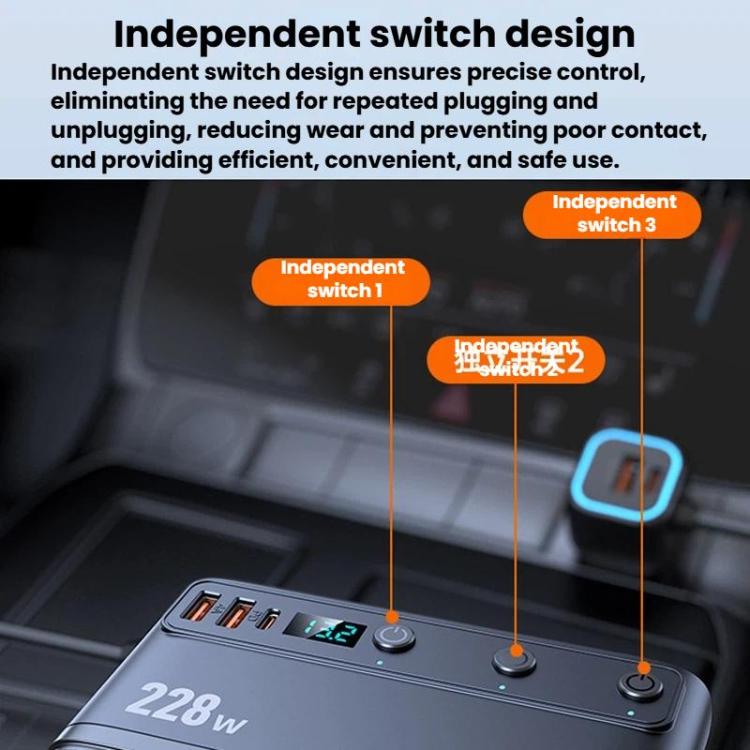 Car charger with independent switches, three sockets and USB ports, 228W