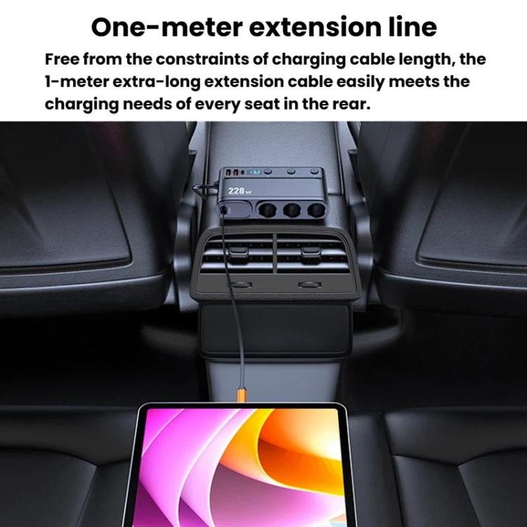 Long extension car cigarette lighter charger with 228W hub, USB ports, and display