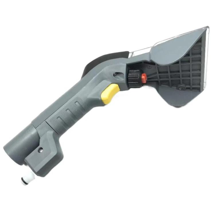 Spray vacuum cleaner handle with gray body, yellow latch, and clear nozzle guard