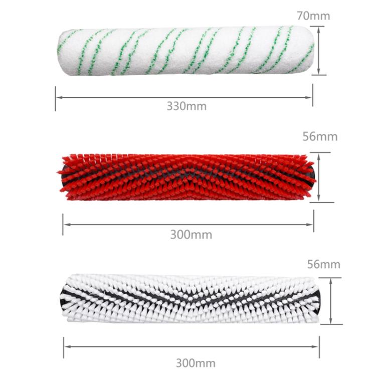 Red bristle, white bristle, and green microfiber roller brush refills with dimensions