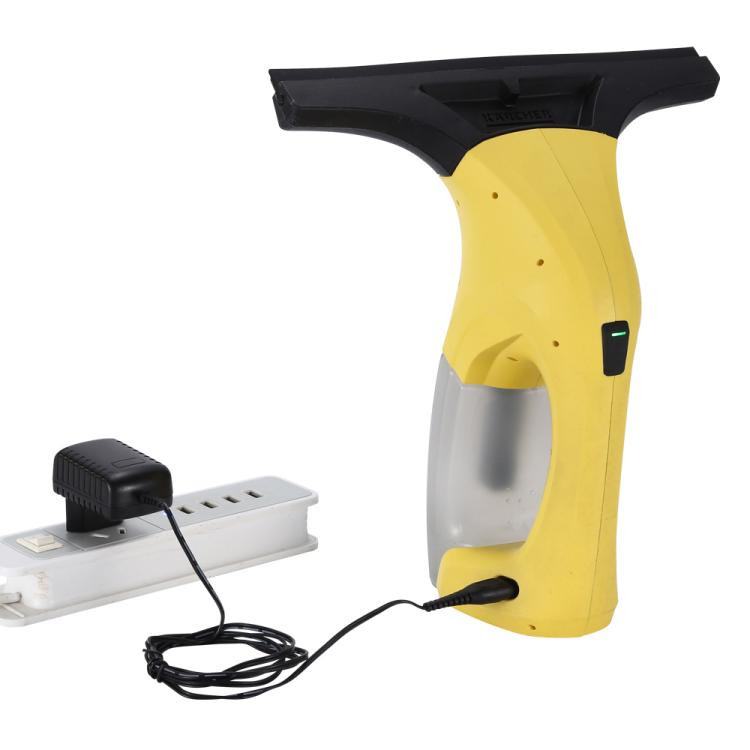 Yellow and black window vac with charging adapter base and power cord