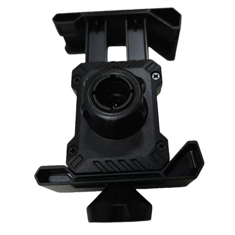 Bike phone mount accessory clip with camera-style circular lens and clamp base, black