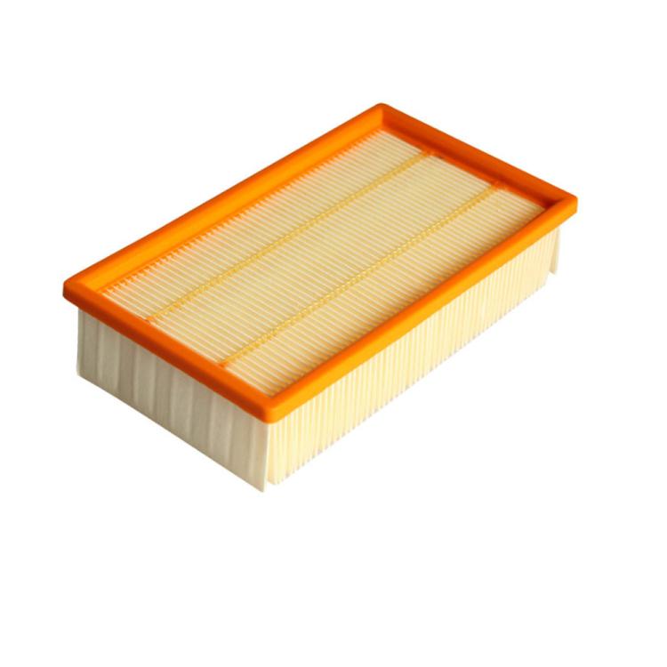 HEPA filter cartridge with orange frame and pleated filter media, top view