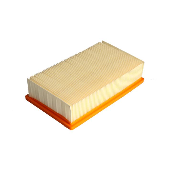 HEPA filter cartridge with orange base and pleated paper media, side angle