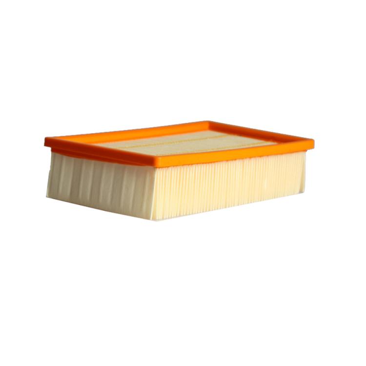 HEPA filter cartridge with orange rim and pleated filter media, angled view