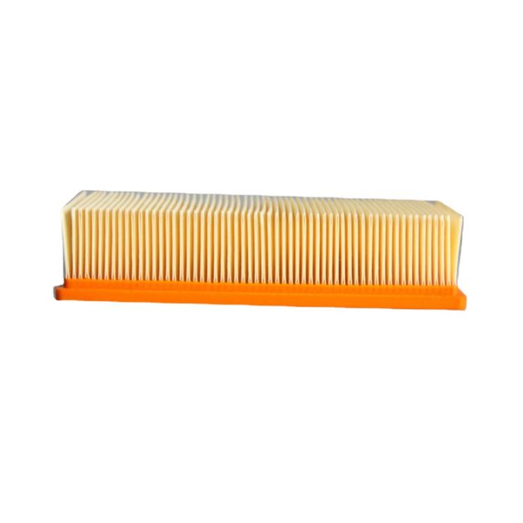 HEPA filter cartridge with pleated filter media and orange base, end-on view