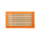 HEPA filter cartridge with orange frame and dense pleated media, front detail