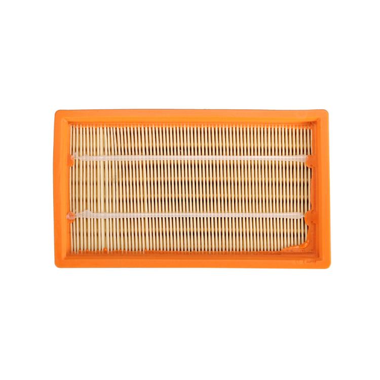 HEPA filter cartridge with orange frame and dense pleated media, front detail