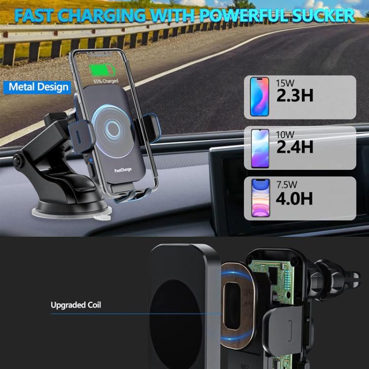 Wireless car charger with metal base, phone holder, and power output watt display