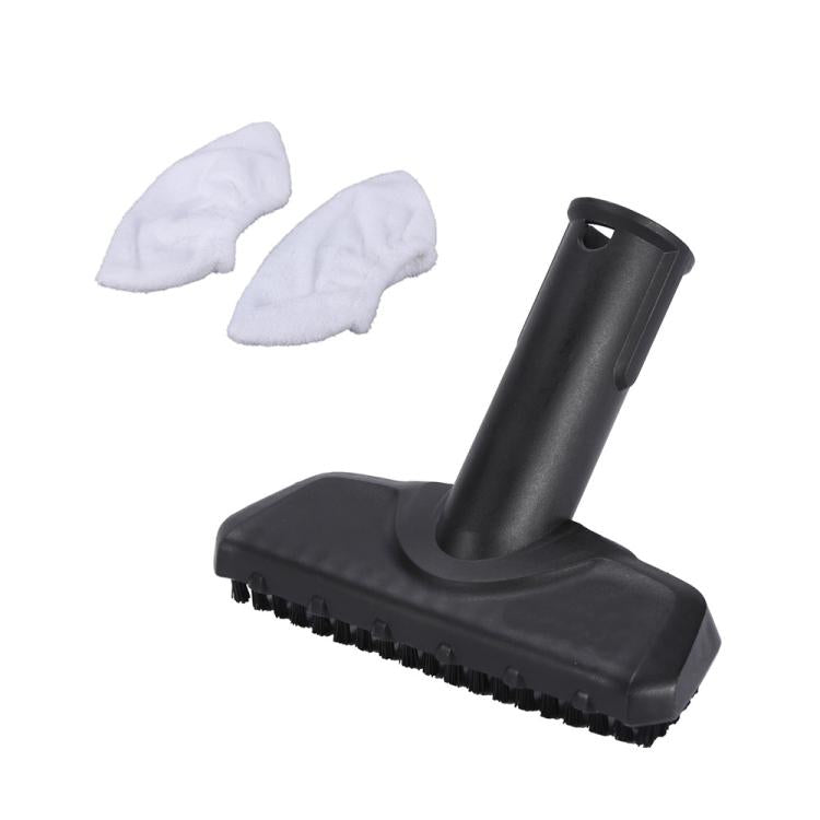 Black steam cleaner brush head with two white microfiber pads attached