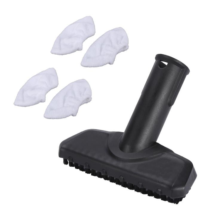 Black steam cleaner brush head with four white microfiber pads attached