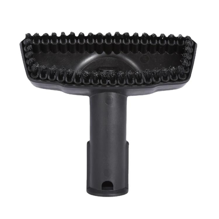 Close-up of black steam cleaner brush head with row of bristles and handle