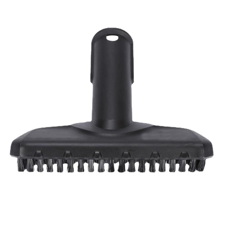 Round black steam cleaner brush head with central handle and bristle ring