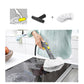 Steam cleaner brush head with white microfiber pad in use with handheld unit