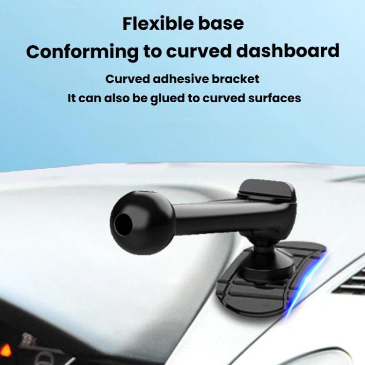 Snail-shaped car phone mount base on curved dashboard with adhesive bracket