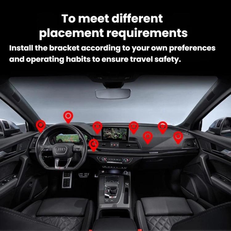 Snail-shaped car phone mount base placement on dashboard with red position markers