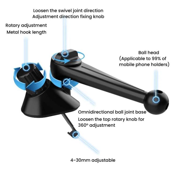 Black car air-vent phone mount diagram with omnidirectional ball joint and rotary knob